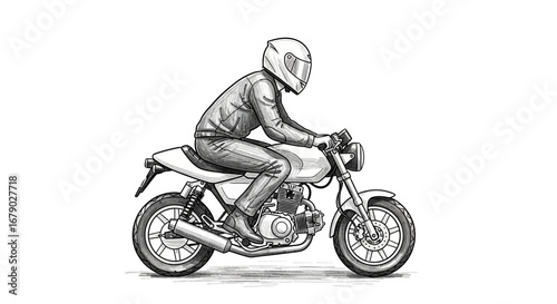Sketch of a motorcyclist riding a modern cafe racer motorcycle on white