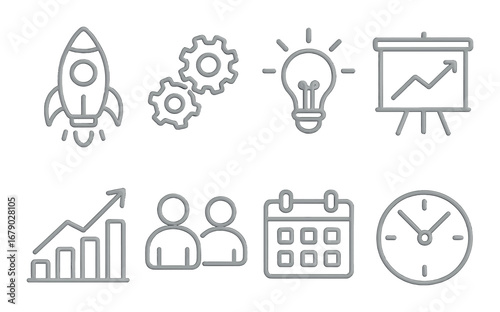 Business icons featuring rocket, gears, lightbulb, chart, calendar, clock on metallic background