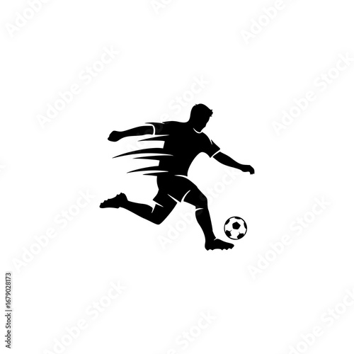 Dynamic soccer player kicking a ball silhouette vector for logo emblem, capturing speed and athletic motion, ideal for sports branding concept