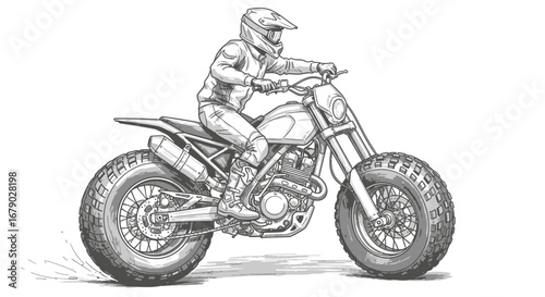 Sketched rendition of a motorcyclist on a rugged off road motorcycle