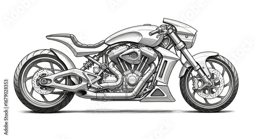 Sleek custom motorcycle detailed sketch with powerful engine design