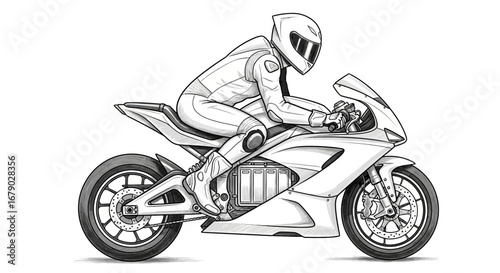 Sleek futuristic electric motorcycle design with rider in racing suit illustration