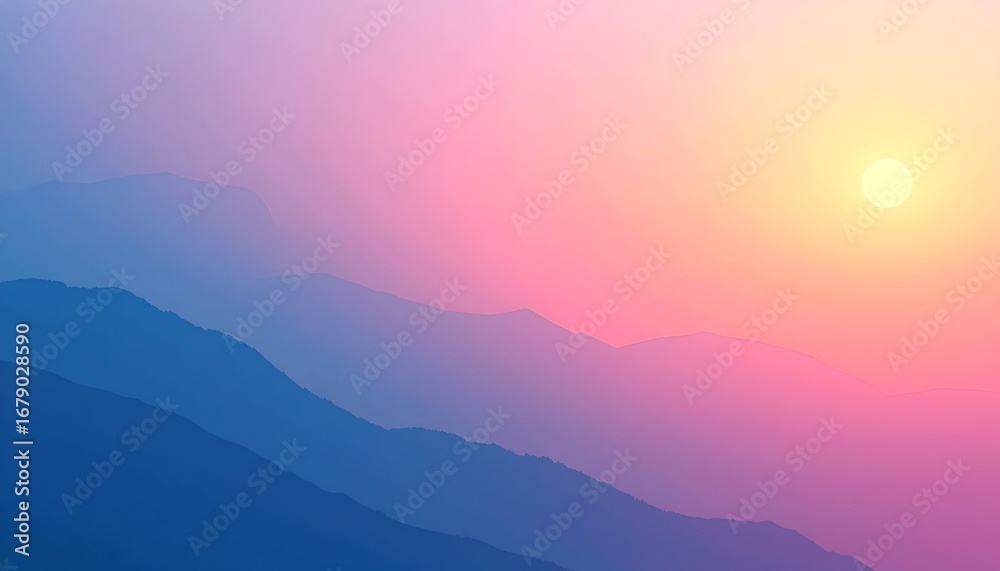 Fototapeta premium A serene mountain landscape is bathed in the soft hues of a sunrise, offering a calming and inspirational view