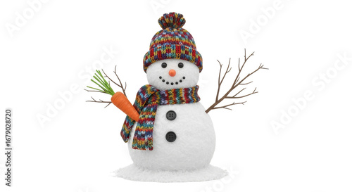 Isolated Cheerful Snowman with Colorful Accessories