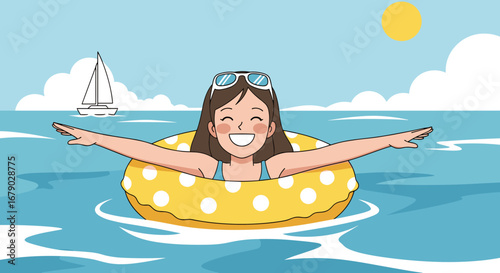 Joyful person swimming in the ocean with a yellow polka dot float enjoying a sunny day