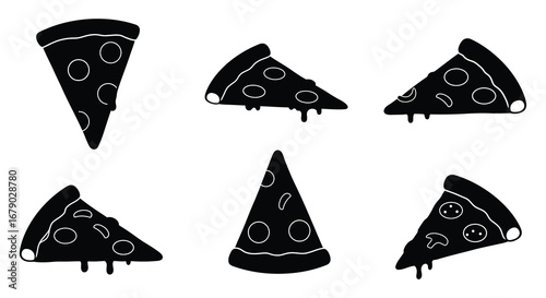 A collection of six black silhouette pizza slices with various toppings