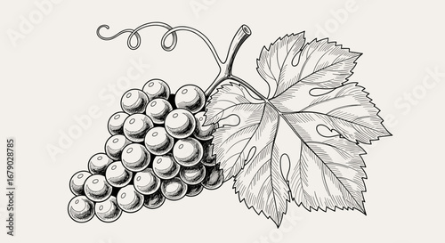 A detailed pen and ink illustration of a fresh bunch of grapes hanging from a vine stem with a leaf