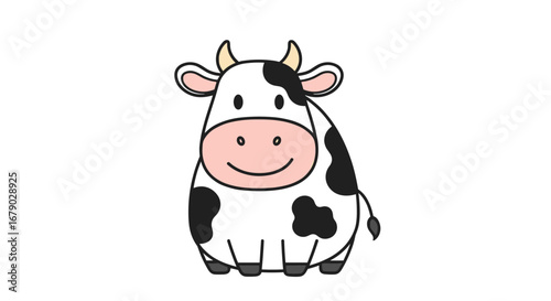 A charming cartoon depiction of a plump white and black spotted cow with a friendly face and short horns standing on a plain white background
