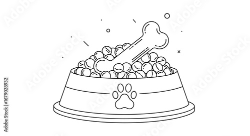 An adorable hand drawn illustration of a dog bowl overflowing with kibble and a delicious bone on top