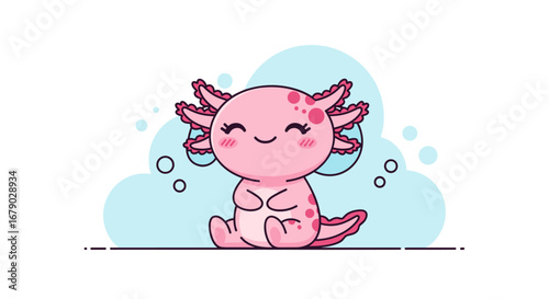 An adorable pink axolotl with frilly gills smiles happily sitting in blue clouds
