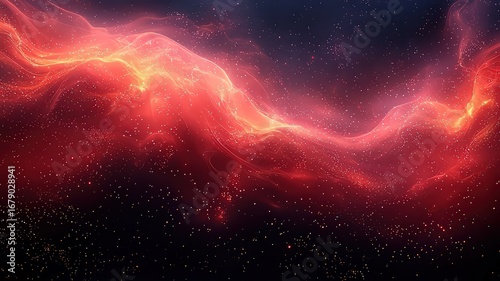 Vibrant cosmic nebula with swirling red and pink hue against a dark starry bacground, evoking a sense ofwonder and exploration in he universe.