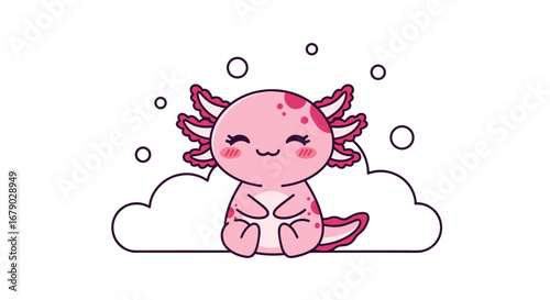 Adorable pink axolotl character sitting happily amongst fluffy white clouds with bubbles floating around it