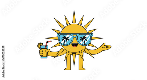 Happy cartoon sun wearing sunglasses holding a tropical drink welcoming summer vacation vibes
