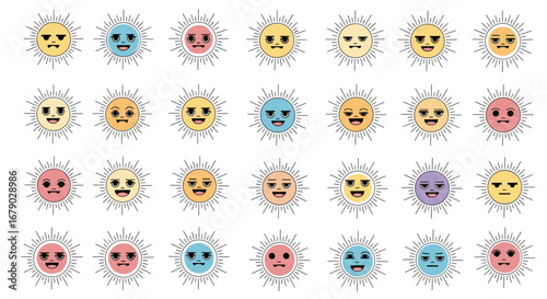 Collection of diverse expressive cartoon sun faces representing various emotions and moods
