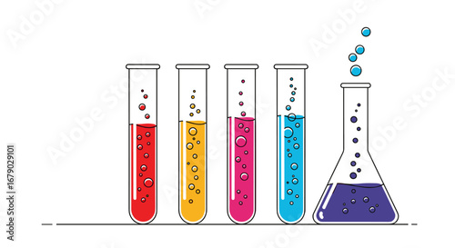 Five test tubes and a flask filled with colorful bubbling liquids on a white background illustrating chemical reactions and scientific experiments