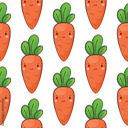 Kawaii carrot. Seamless pattern on white background. Cute kids design