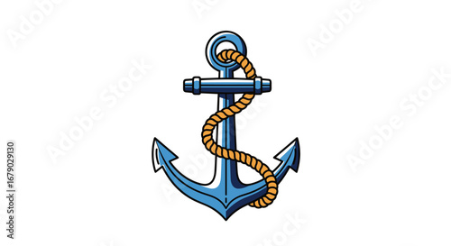 Blue nautical anchor with thick rope wrapped around its shank symbolizing maritime adventures and seafaring journeys across the vast ocean