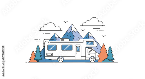 Modern motorhome adventure in a beautiful mountainous landscape surrounded by trees and clouds