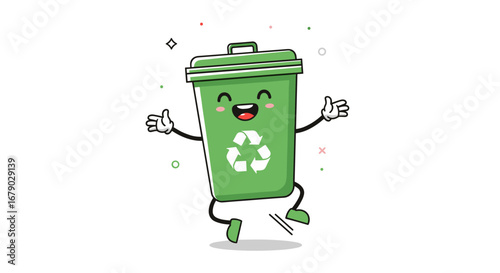 Joyful green recycling bin character illustration with a happy face and arms spread wide celebrating environmental awareness and sustainability efforts
