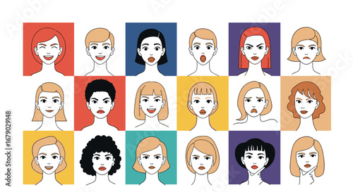 Diverse collection of female faces expressing a wide range of emotions through stylized illustrations