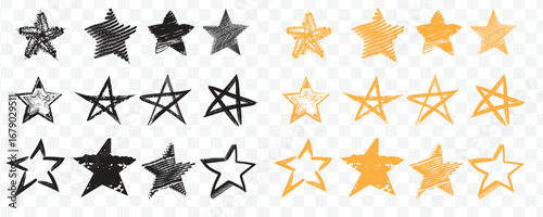 Hand drawn star shapes in black and gold offering a celestial and playful design element set