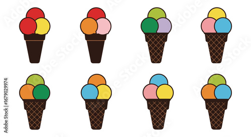 Colorful cartoon illustration of multiple scoops of ice cream in waffle cones