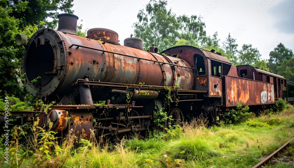 Naklejka premium Tren abandonado, corroido por el paso del tiempo, entre maleza