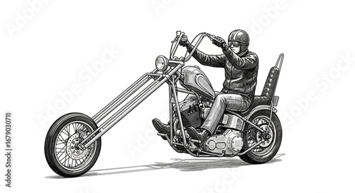 Stylized illustration featuring a chopper motorcycle and rider in black and white