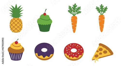 Colorful illustration of various food items on white background
