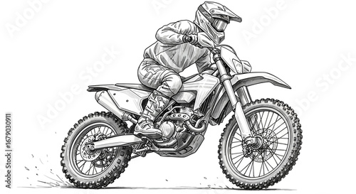 Stylized monochrome artwork of a motocross rider in action on the track