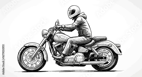 Stylized monochrome artwork of a rider on a vintage motorcycle sketch