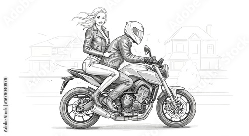 Stylized monochrome depiction of a motorcycle ride with a couple enjoying