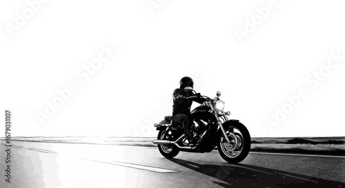 Stylized Monochrome Rendering of Motorcyclist Cruising Down Open Road