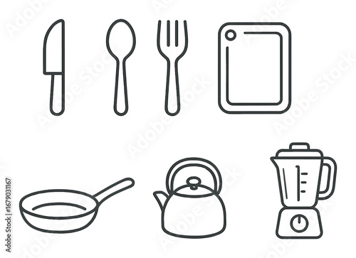 Minimalist kitchen utensil icons: knife, spoon, fork, cutting board, pan, kettle, blender