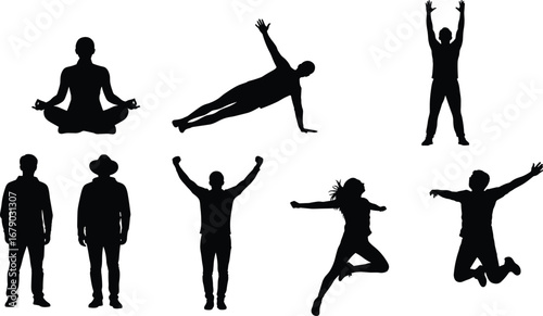 Black silhouette vector of human body poses including yoga, dance, jump, and celebration for fitness, wellness, and movement design