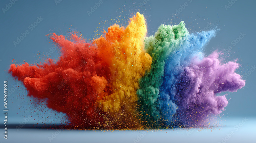 Fototapeta premium A vibrant explosion of colored powders, creating a dynamic and colorful cloud against a neutral gray background.