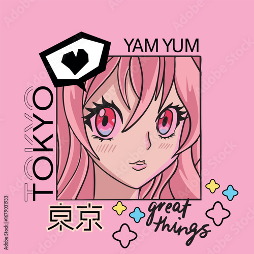 T shirt design Anime girl with big eyes and pink hair. Fashionista poster.
