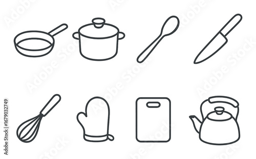 Silhouette of kitchen utensils: frying pan, pot, spoon, knife, whisk, glove, cutting board, kettle