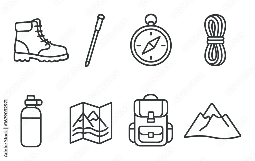 Fototapeta premium Outdoor adventure essentials: hiking gear icons with boots, compass, map, backpack