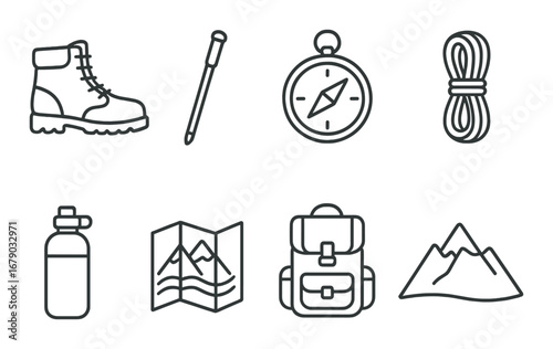 Outdoor adventure essentials: hiking gear icons with boots, compass, map, backpack