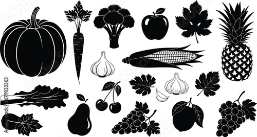 Fruit and vegetable silhouette vector set for healthy eating, organic food design, seasonal produce clipart, black illustration collection
