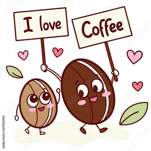 A funny cartoon baby coffee bean character with a happy smile and a cute brown coffee bean with griped a poster i love coffee 