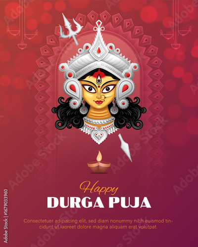happy durga puja indian religious festival social media post template design with creative illustration of goddes durga face, navratri background