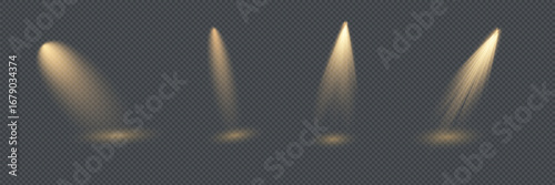 Four bright spotlights shine on a dark stage. Spotlights create dramatic lighting. Each spotlight casts a focused beam. Spotlights illuminate the stage.