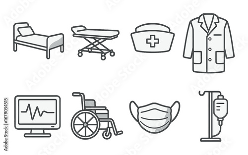 Medical icons: bed, stretcher, nurse hat, lab coat, monitor, wheelchair, mask, iv stand