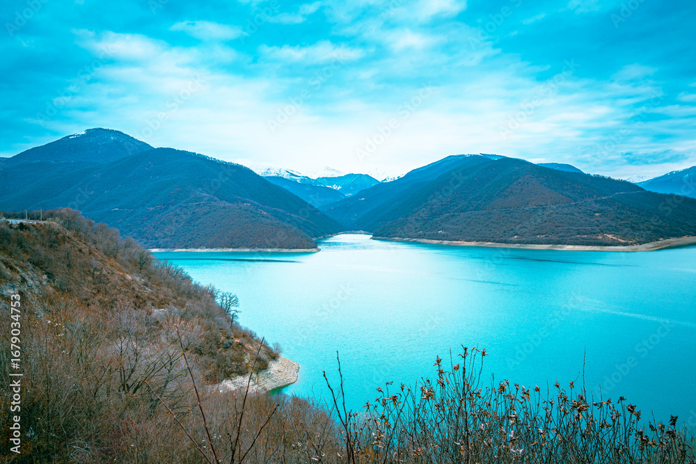 Naklejka premium Zhinvali reservoir side view overlooking the left side mountains