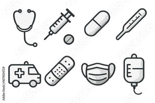 Medical icons set featuring stethoscope syringe pills thermometer ambulance bandages mask iv drip