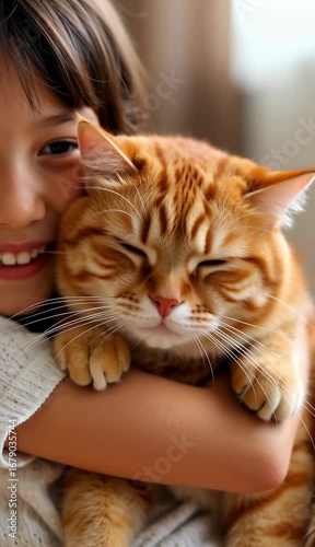 A warm moment of a girl hugging a short-haired orange tabby with distinct stripes, showing pure companionship.