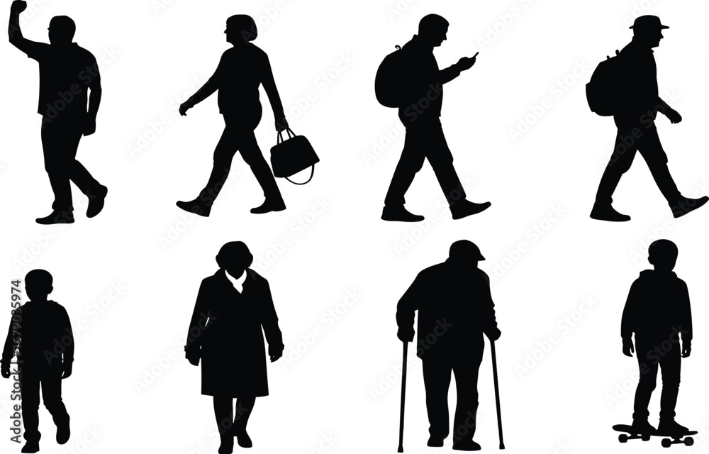 Obraz premium Silhouette vector set of diverse people in motion, walking, standing, and posing across age groups and everyday lifestyle activities