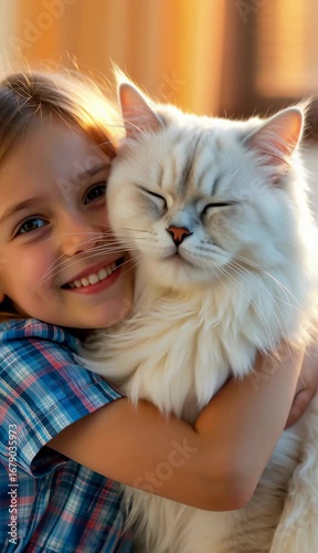 A tender scene of a girl hugging a long-haired white Persian cat with soft fluffy fur and a relaxed expression.